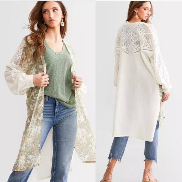 Miss Me Sweaters - Miss Me Crochet Chiffon Kimono Long Duster Boho & Gauze Crinkle Size Medium New